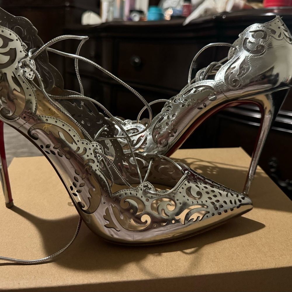 Christian Louboutin Silver Lace-Up Heels - Picture 6 of 6